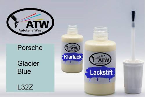 Porsche, Glacier Blue, L32Z: 20ml Lackstift + 20ml Klarlack - Set, von ATW Autoteile West.